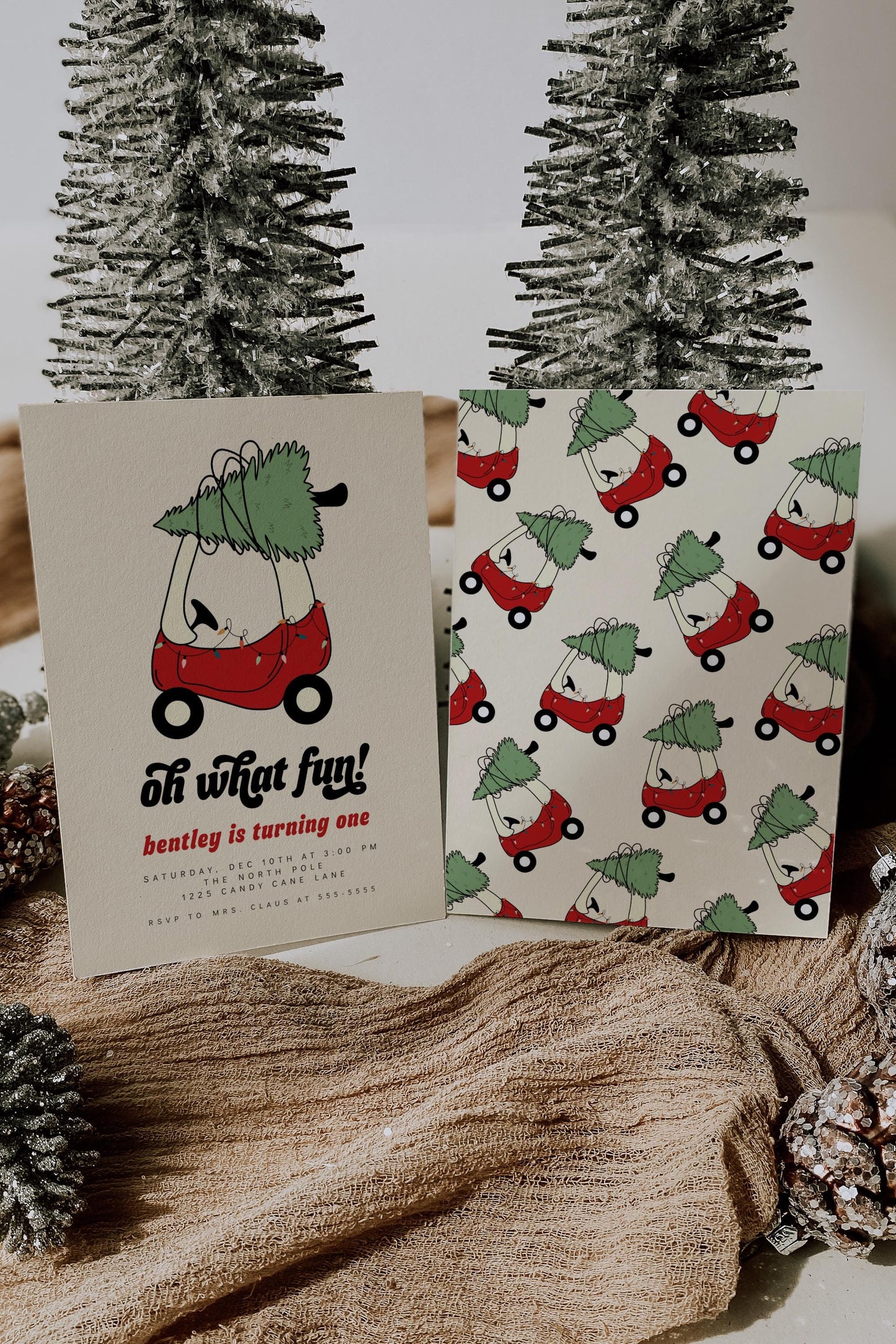 Oh What Fun Christmas Birthday Invitation | Holiday 1st Birthday Party Invite | Editable Red Toy Car with Christmas Tree Birthday Printable