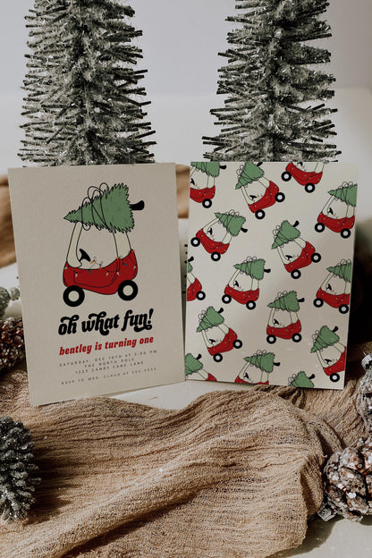 Oh What Fun Christmas Birthday Invitation | Holiday 1st Birthday Party Invite | Editable Red Toy Car with Christmas Tree Birthday Printable