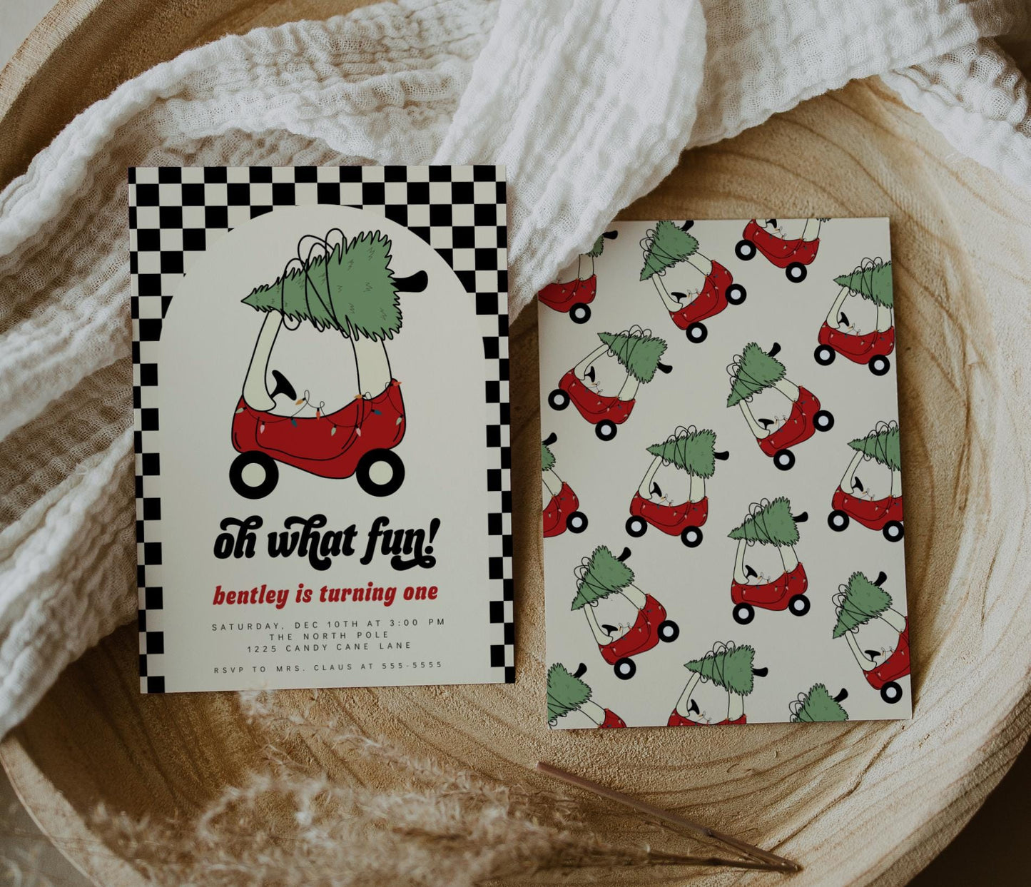 Checkered Oh What Fun Invitation | Holiday 1st Birthday Party Invite | Editable Red Toy Car with Christmas Tree Birthday Printable