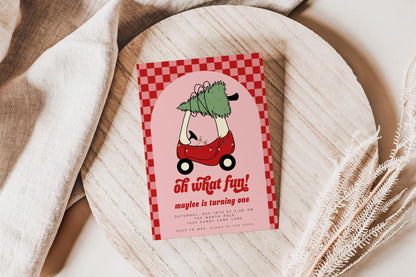 Girl Toy Car with Christmas Tree Invitation | Oh What Fun 1st Birthday Invite | Editable Pink Red Checkered Printable
