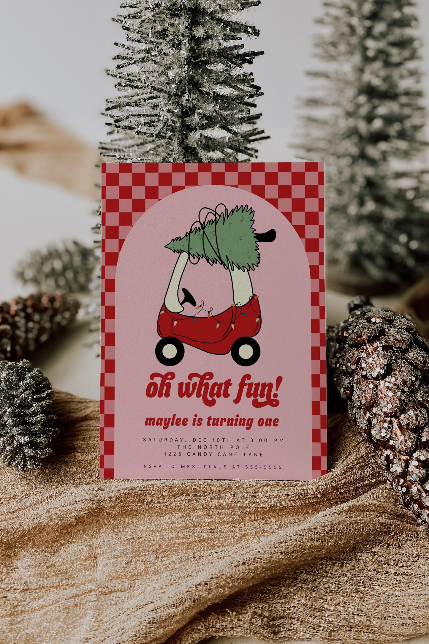 Girl Toy Car with Christmas Tree Invitation | Oh What Fun 1st Birthday Invite | Editable Pink Red Checkered Printable