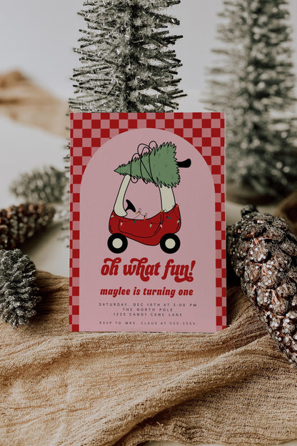 Girl Toy Car with Christmas Tree Invitation | Oh What Fun 1st Birthday Invite | Editable Pink Red Checkered Printable