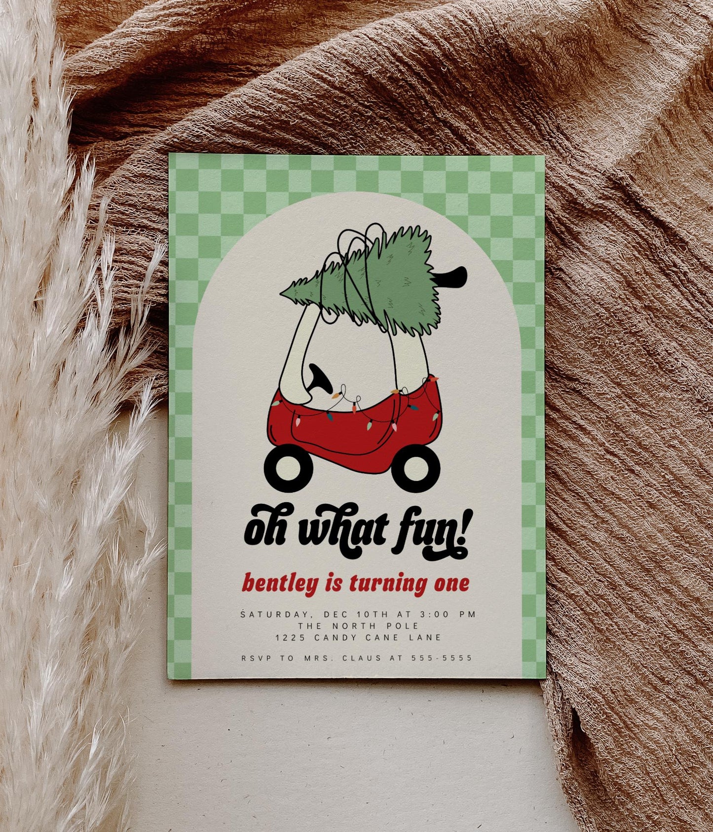Toy Car with Christmas Tree Invitation | Oh What Fun First Birthday Invite | Green Checkered Holiday Corjl Template