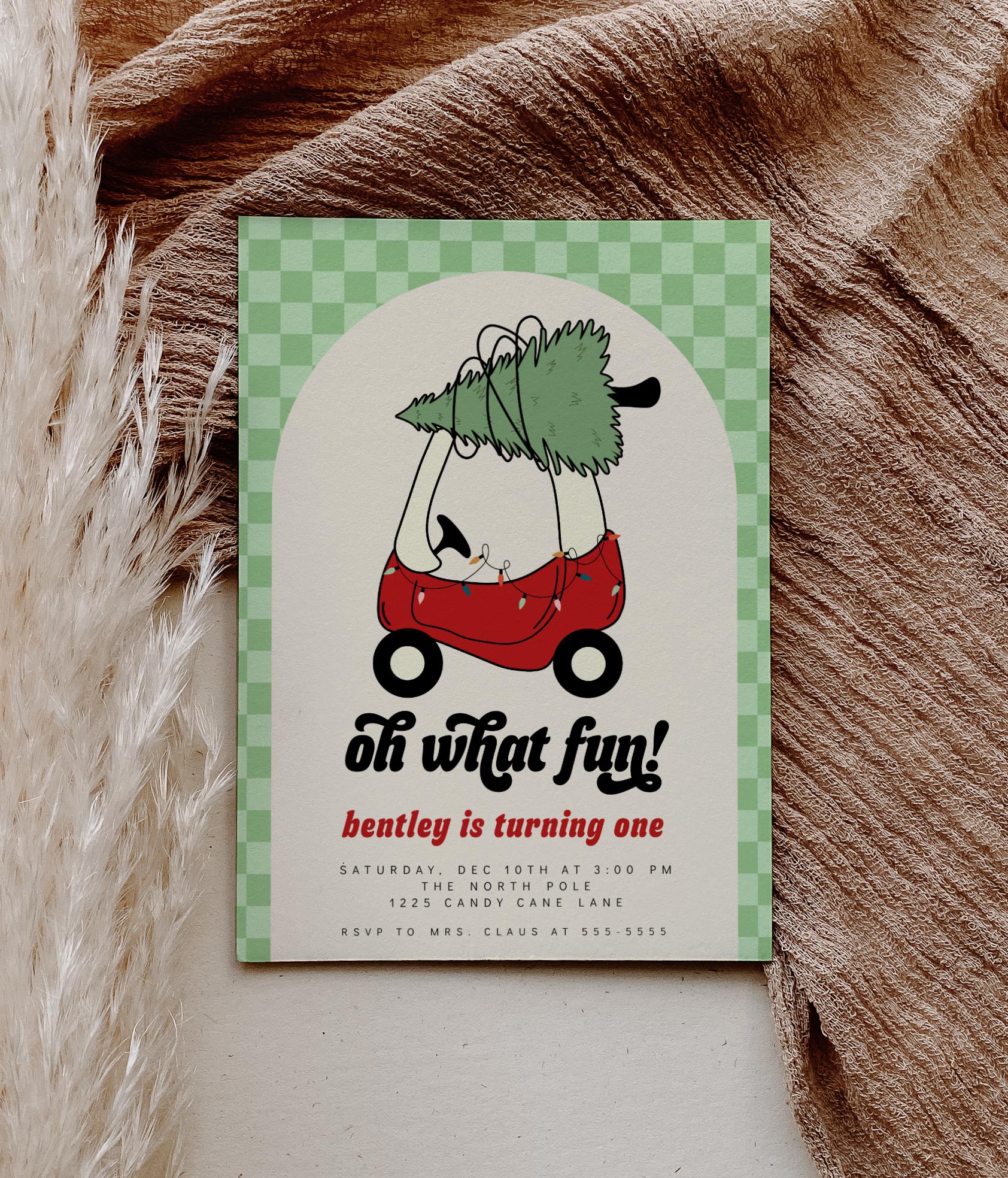 Toy Car with Christmas Tree Invitation | Oh What Fun First Birthday Invite | Green Checkered Holiday Corjl Template
