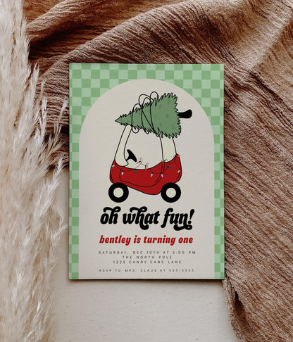Toy Car with Christmas Tree Invitation | Oh What Fun First Birthday Invite | Green Checkered Holiday Corjl Template