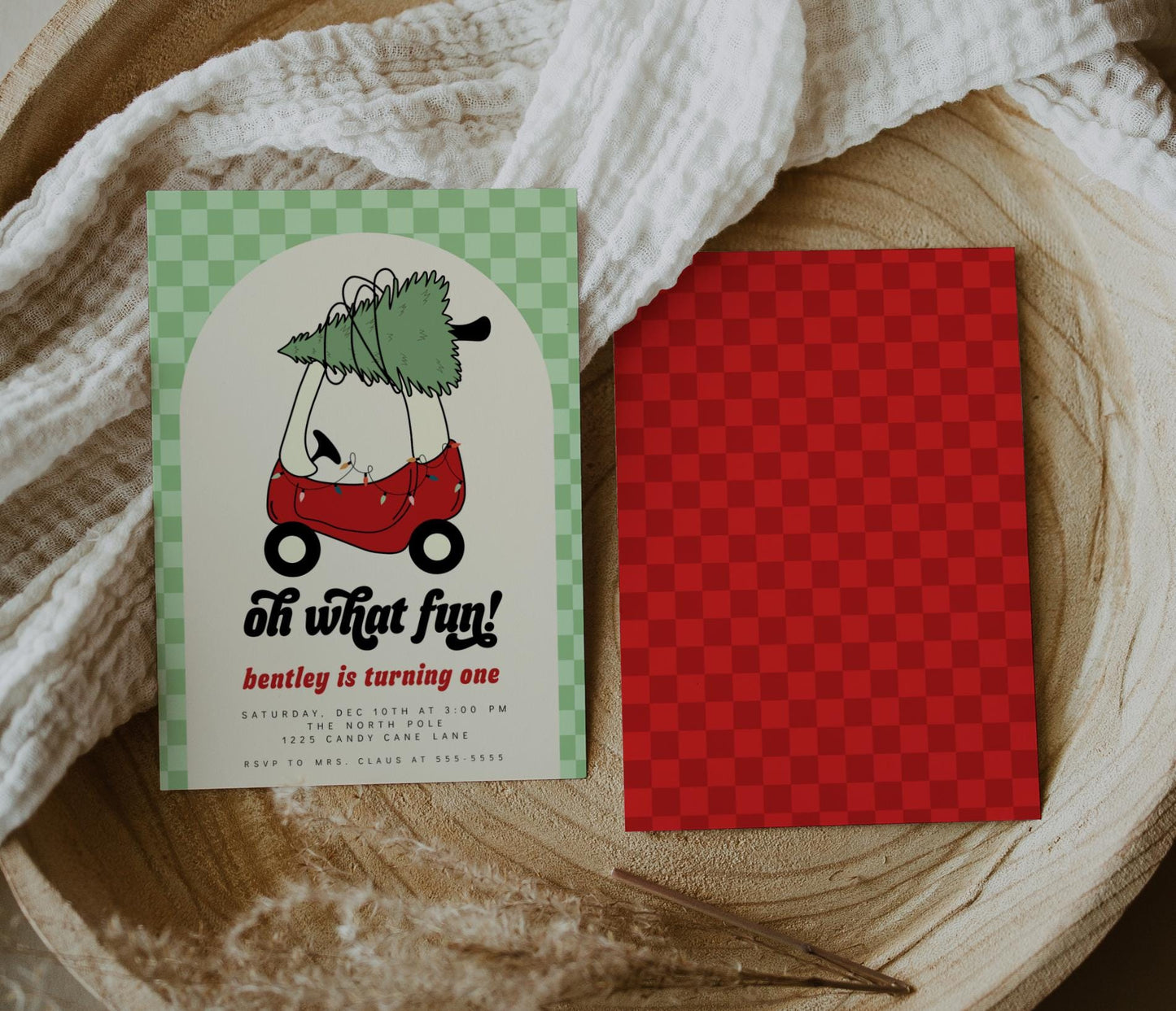 Toy Car with Christmas Tree Invitation | Oh What Fun First Birthday Invite | Green Checkered Holiday Corjl Template