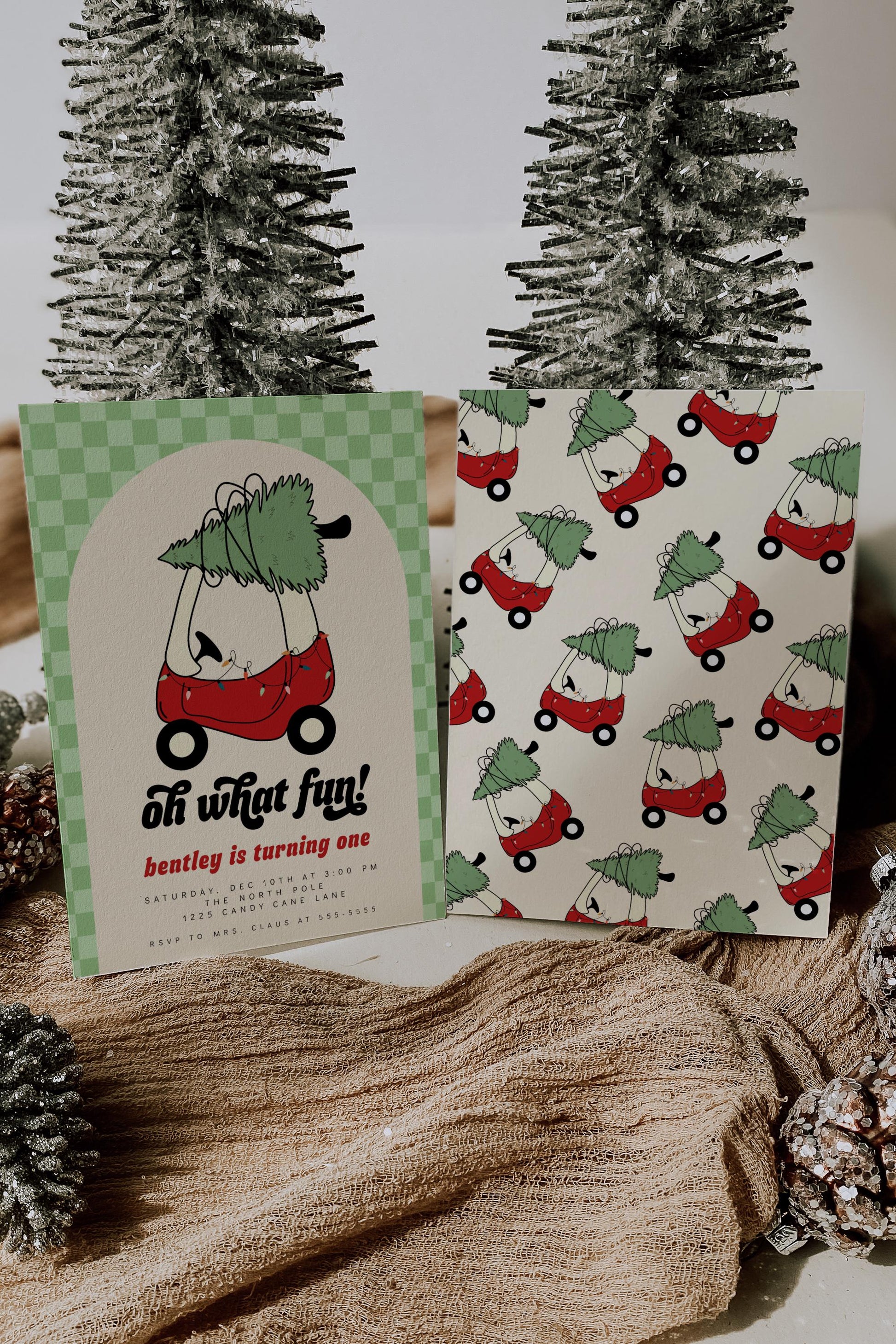 Toy Car with Christmas Tree Invitation | Oh What Fun First Birthday Invite | Green Checkered Holiday Corjl Template