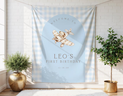 Bear Airplane First Birthday Backdrop | Boy Blue Gingham Baby Shower Banner | Personalized Arch Sign | Party Photo Booth Decoration