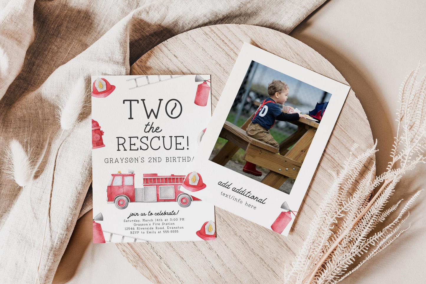 Two the Rescue 2nd Birthday Party Invite | Firetruck Birthday Invitation | Printable Fireman Fire Engine Editable Template