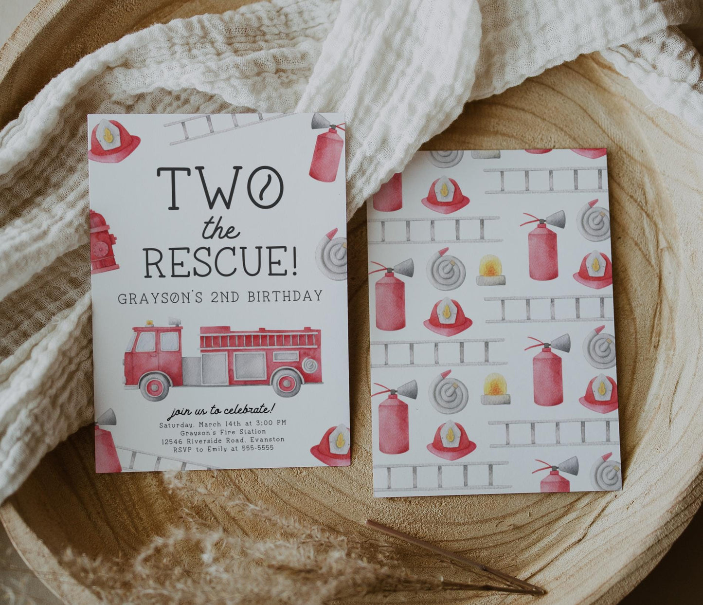 Two the Rescue 2nd Birthday Party Invite | Firetruck Birthday Invitation | Printable Fireman Fire Engine Editable Template