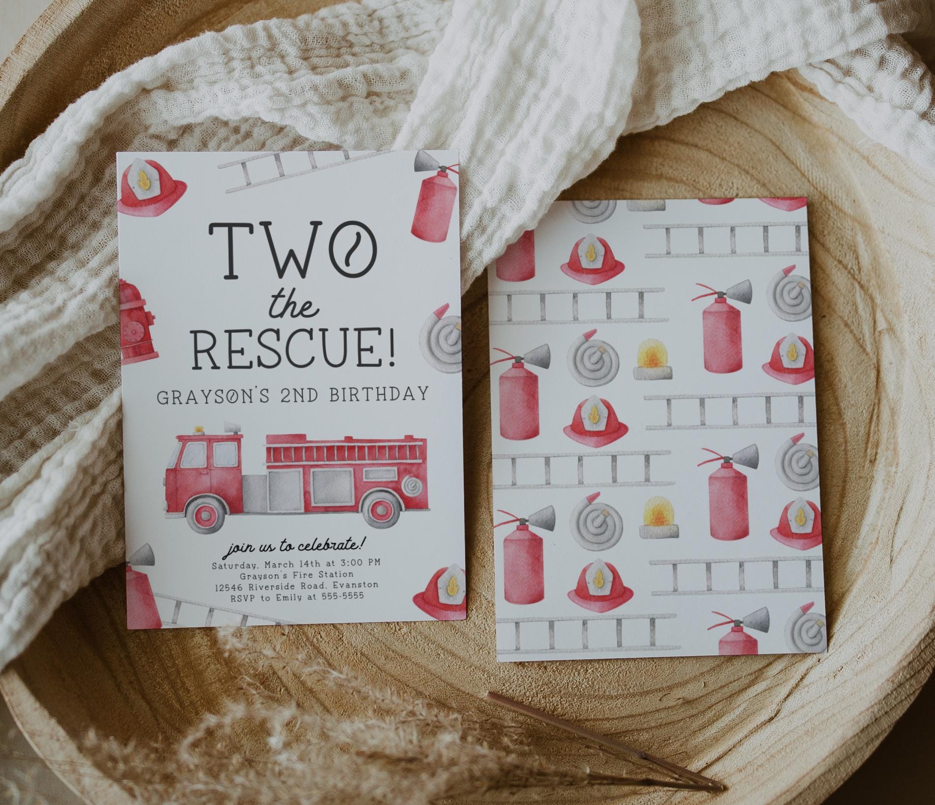 Two the Rescue 2nd Birthday Party Invite | Firetruck Birthday Invitation | Printable Fireman Fire Engine Editable Template