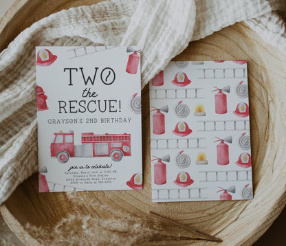 Two the Rescue 2nd Birthday Party Invite | Firetruck Birthday Invitation | Printable Fireman Fire Engine Editable Template