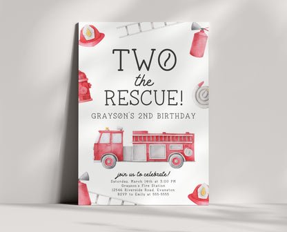 Two the Rescue 2nd Birthday Party Invite | Firetruck Birthday Invitation | Printable Fireman Fire Engine Editable Template