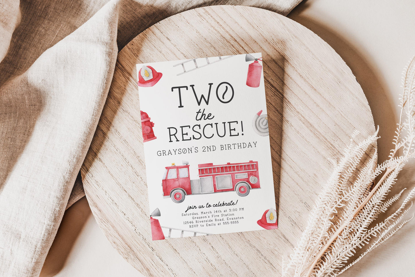 Two the Rescue 2nd Birthday Party Invite | Firetruck Birthday Invitation | Printable Fireman Fire Engine Editable Template