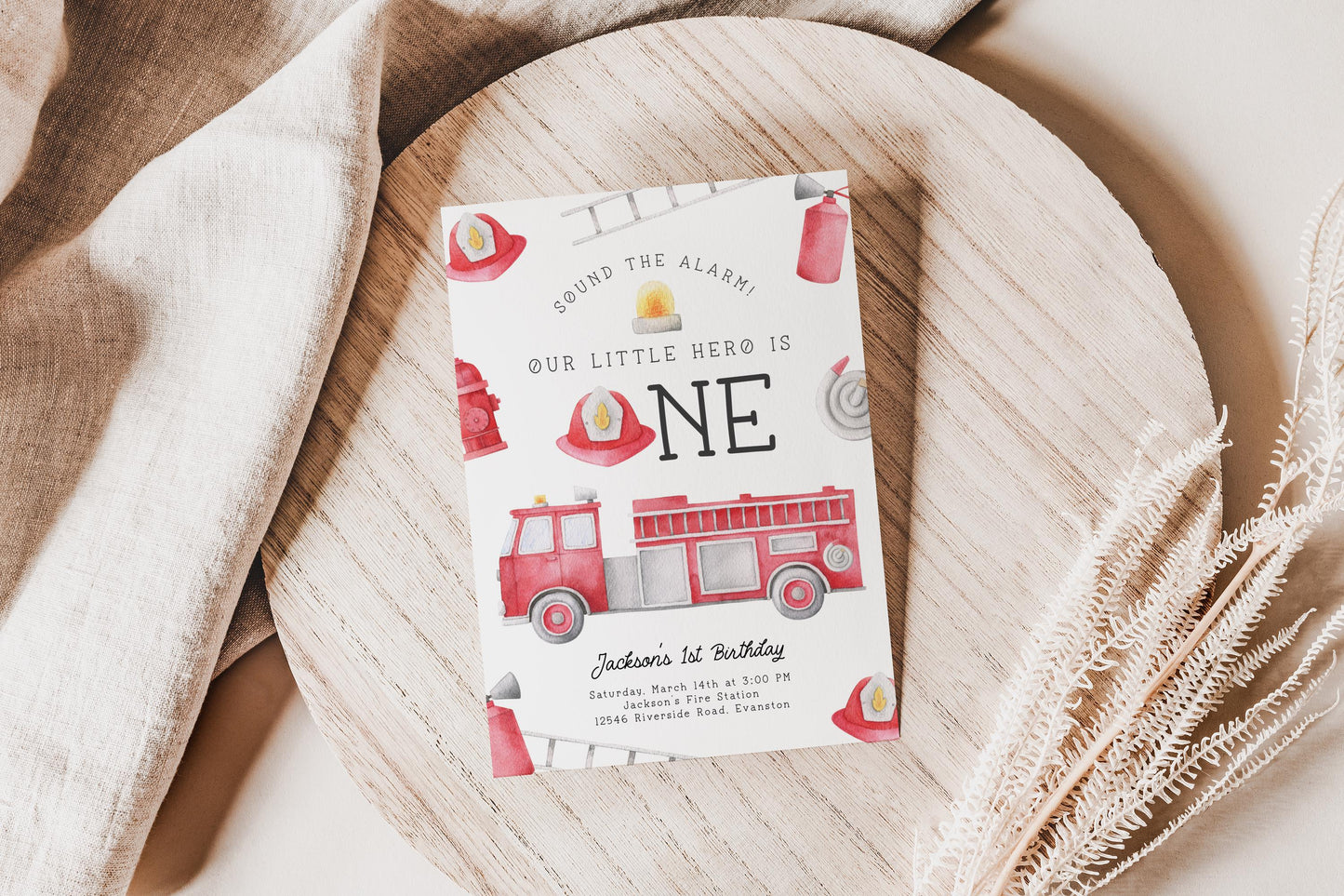 Firetruck Birthday Invitation | 1st Birthday Party Invite | Printable Fireman First Birthday Fire Engine Party