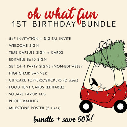 Christmas Tree Toy Car 1st Birthday BUNDLE - Red Car Party Decor Package, Oh What Fun, Signs, Time Capsule, Banner, Printable Editable