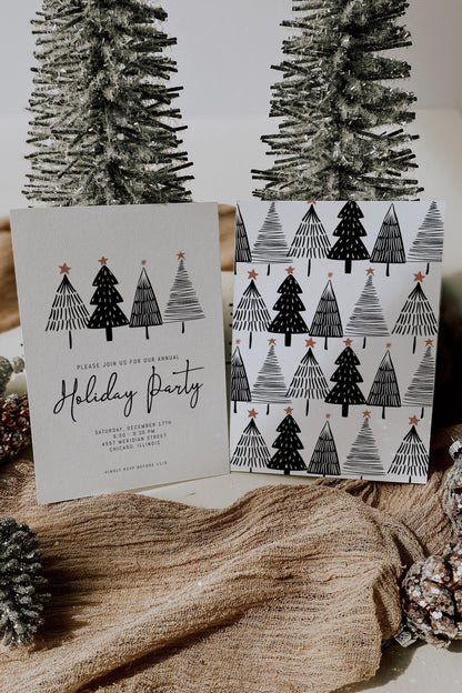 Company Holiday Party Invitation Bundle | Printable Office Christmas Party Set | Minimalist Black & White Tree Decor Package for Work Event