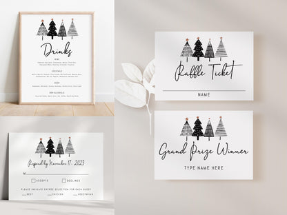 Company holiday party printable bundle with black and white minimalist Christmas tree design, featuring invitation, RSVP card, menu, table numbers, place cards, and welcome sign for office holiday events.
