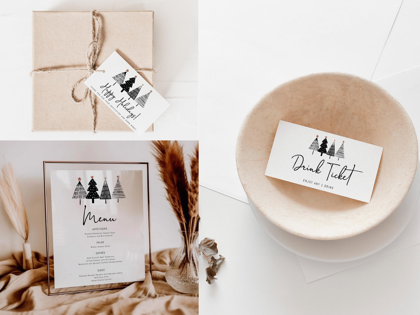 Company holiday party printable bundle with black and white minimalist Christmas tree design, featuring invitation, RSVP card, menu, table numbers, place cards, and welcome sign for office holiday events.