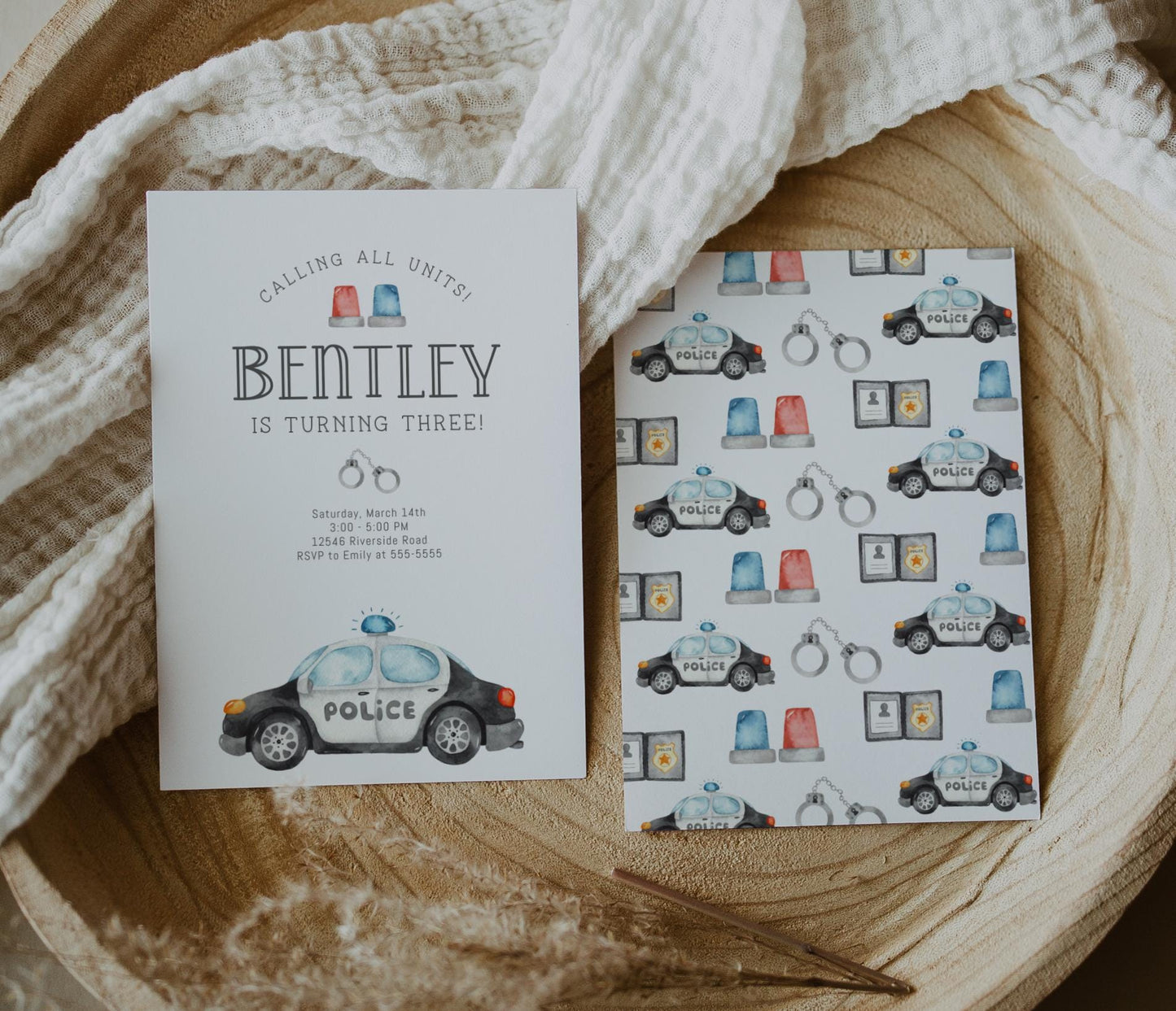 Police Goodie Bag Tag - Police Car Party Favor Label, Police Officer Birthday Patrol Pack Sticker for Gable Box - 3 Editable Templates