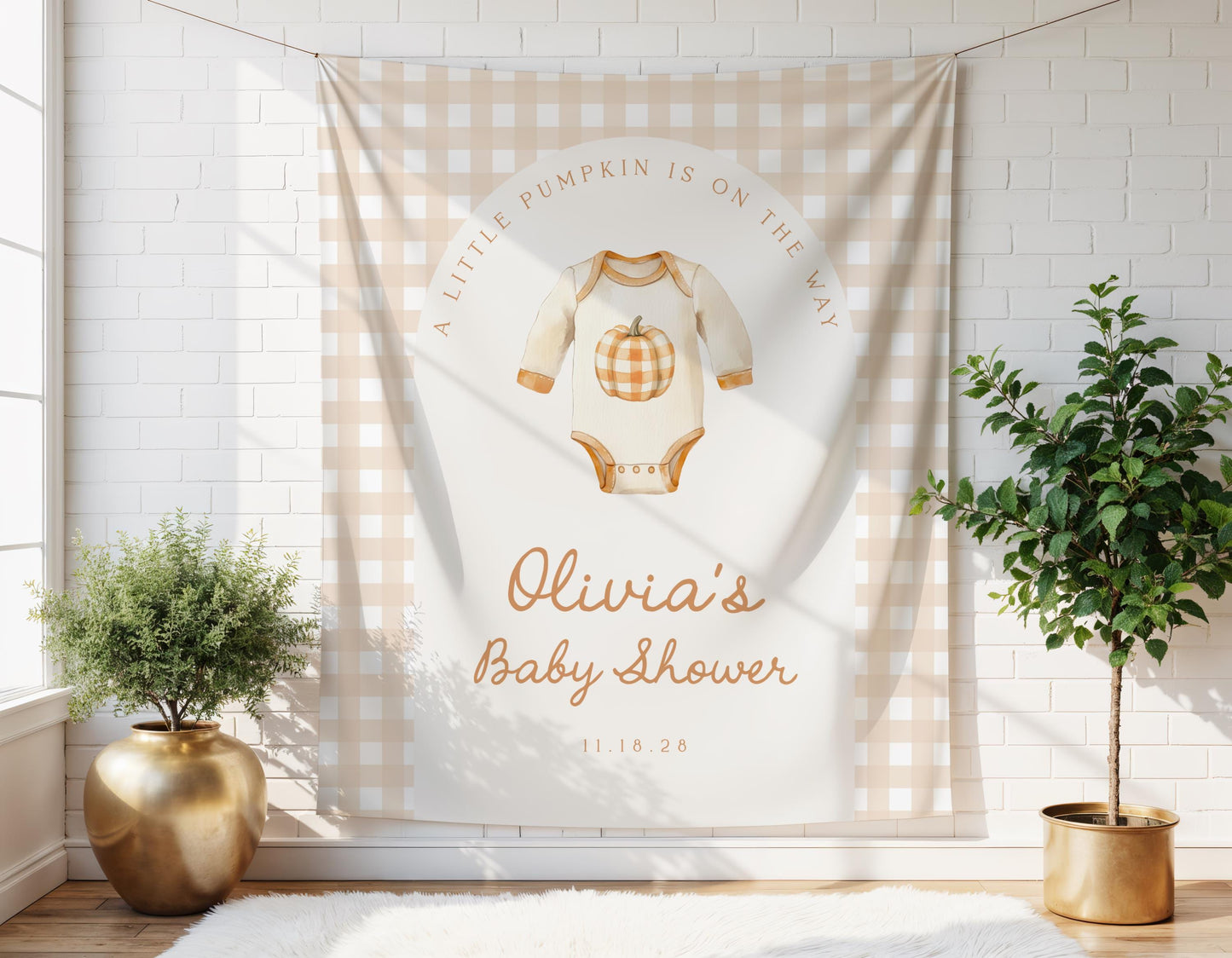 Little Pumpkin Baby Shower Backdrop | Fall Baby Shower Photo Booth Decoration | Gingham Onesie Banner | Personalized Pumpkin Shower Sign