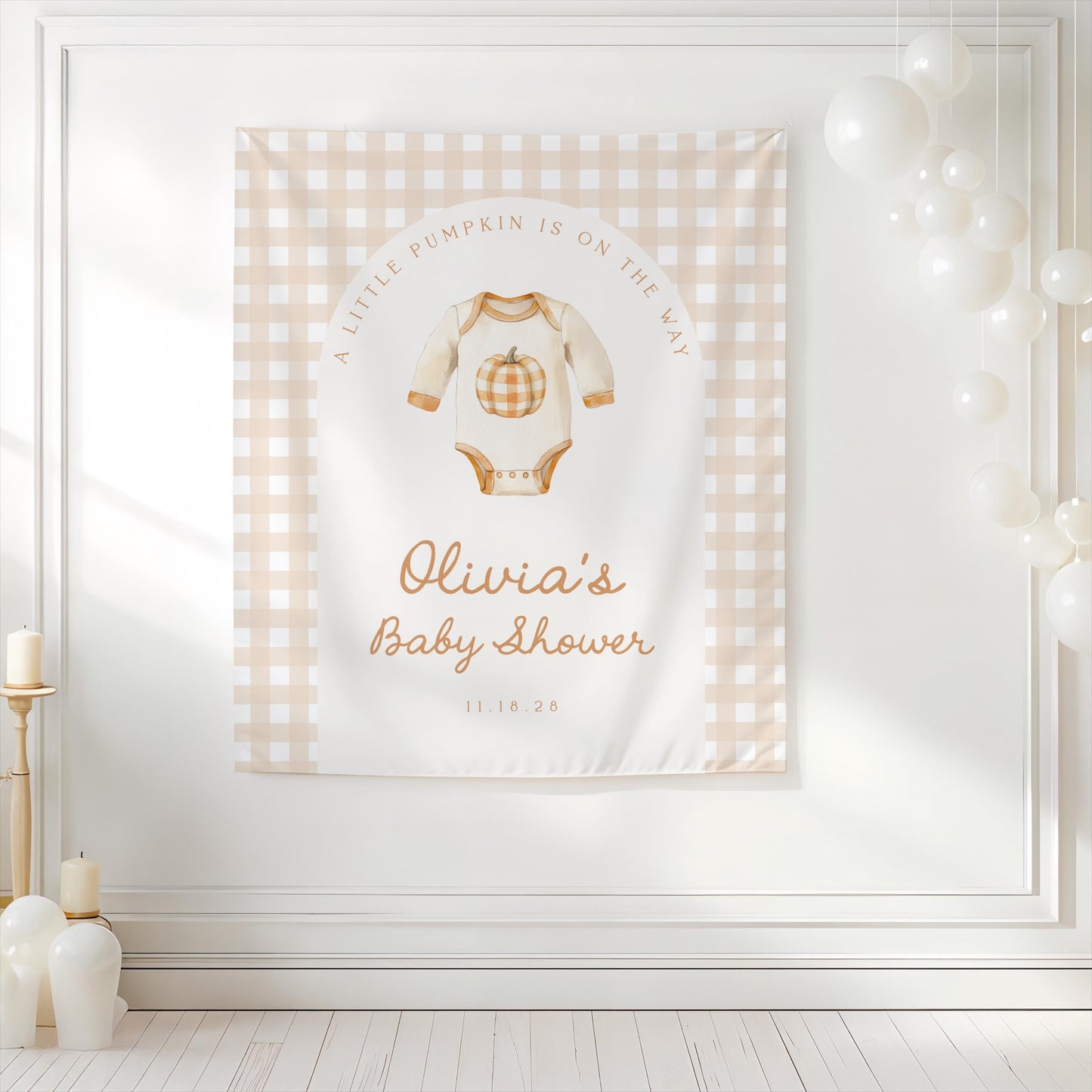 Little Pumpkin Baby Shower Backdrop | Fall Baby Shower Photo Booth Decoration | Gingham Onesie Banner | Personalized Pumpkin Shower Sign