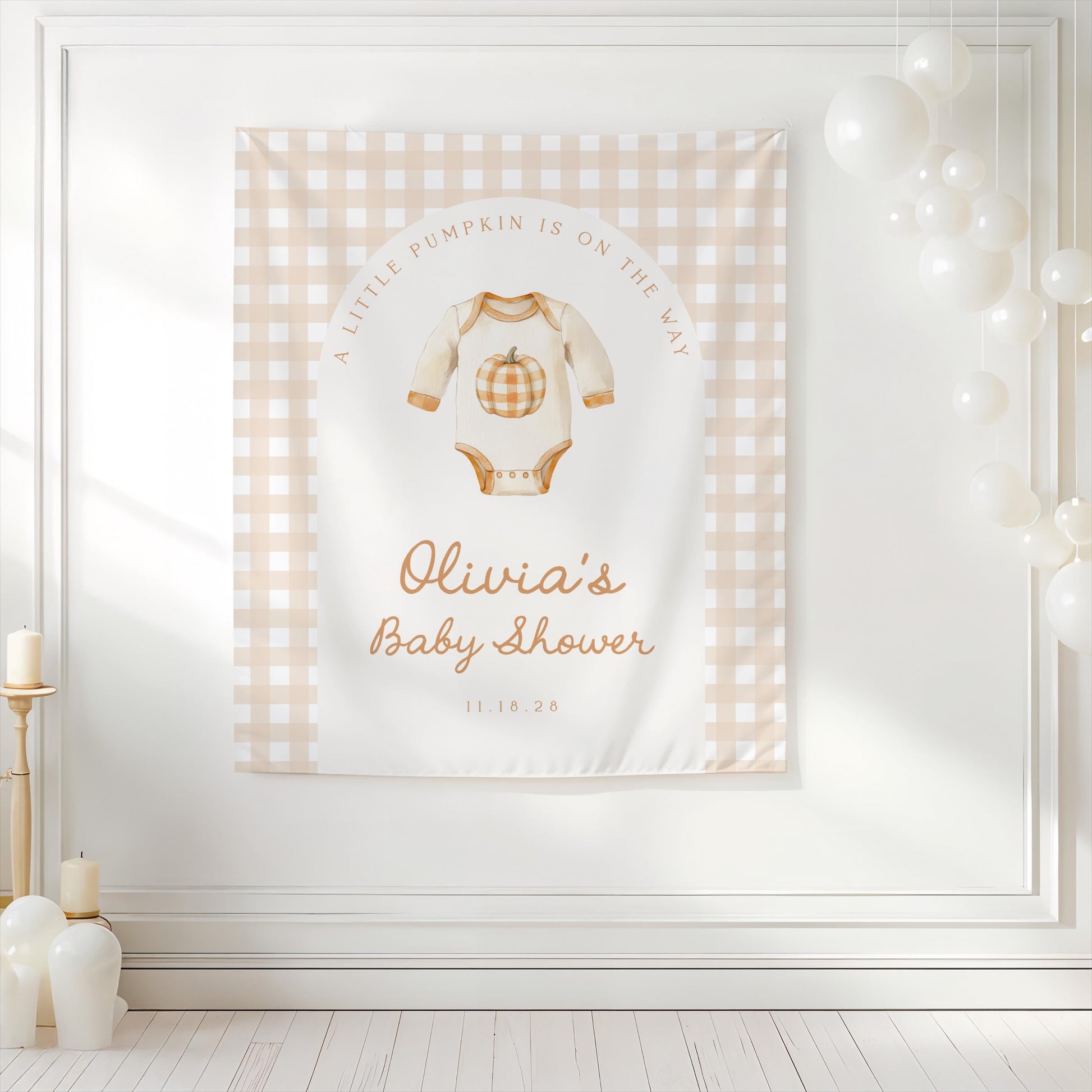 Little Pumpkin Baby Shower Backdrop | Fall Baby Shower Photo Booth Decoration | Gingham Onesie Banner | Personalized Pumpkin Shower Sign