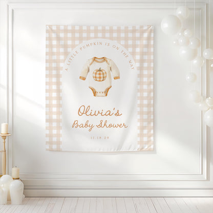 Little Pumpkin Baby Shower Backdrop | Fall Baby Shower Photo Booth Decoration | Gingham Onesie Banner | Personalized Pumpkin Shower Sign
