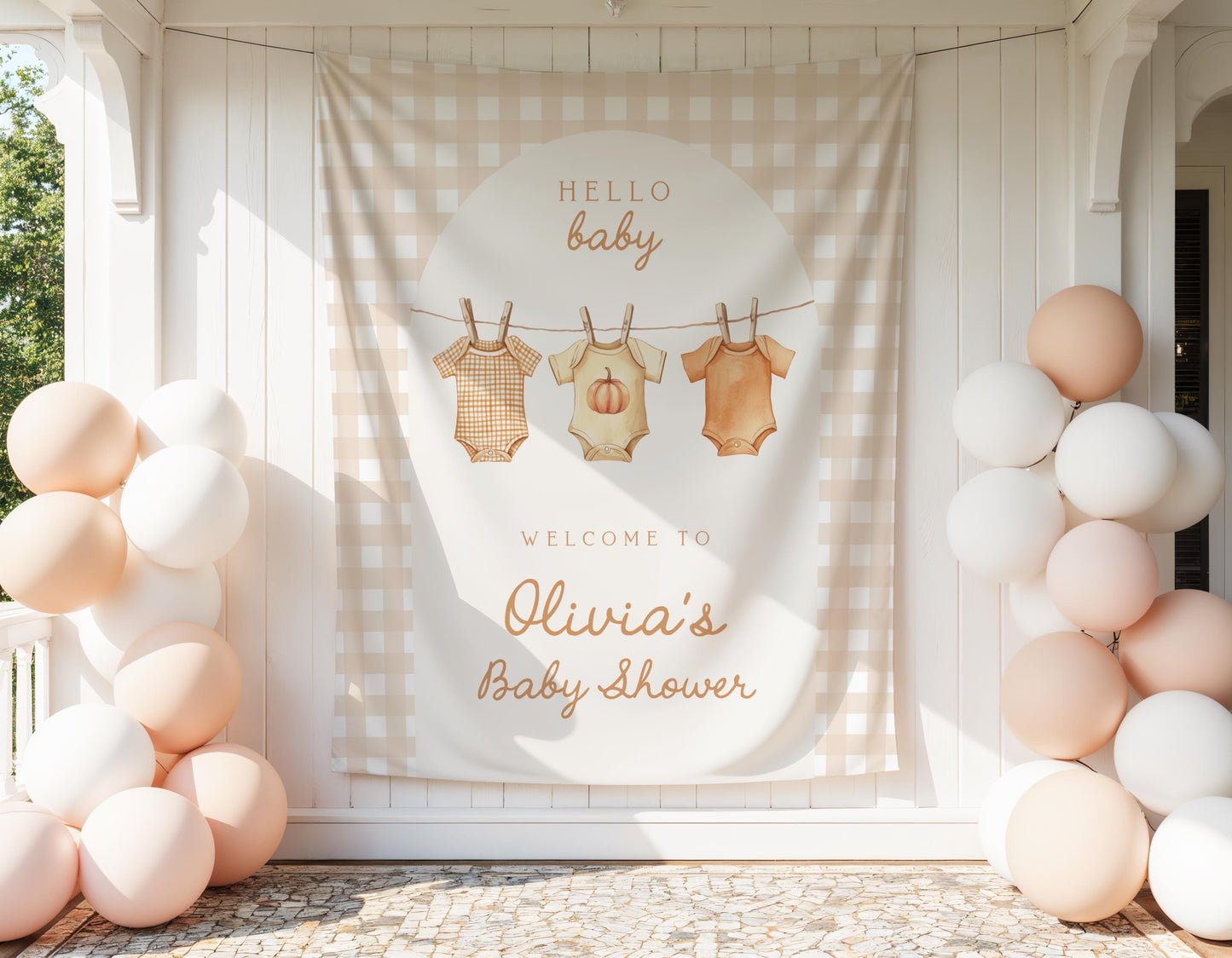 Fall Baby Shower Arch Backdrop | Neutral Pumpkin Photo Booth Decoration | Gingham Clothesline Banner | Personalized Welcome Sign