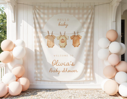 Fall Baby Shower Arch Backdrop | Neutral Pumpkin Photo Booth Decoration | Gingham Clothesline Banner | Personalized Welcome Sign