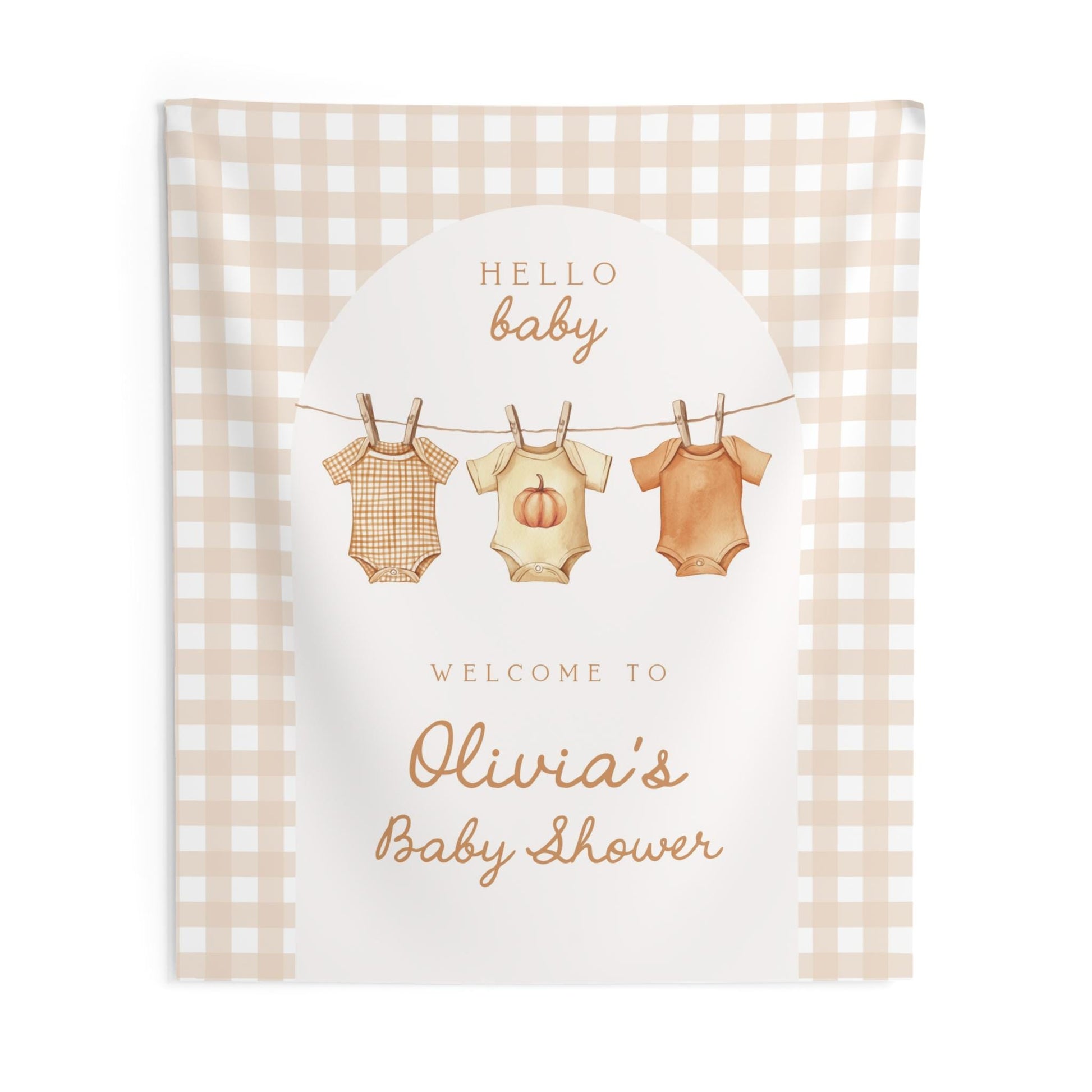Fall Baby Shower Arch Backdrop | Neutral Pumpkin Photo Booth Decoration | Gingham Clothesline Banner | Personalized Welcome Sign