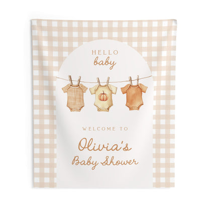 Fall Baby Shower Arch Backdrop | Neutral Pumpkin Photo Booth Decoration | Gingham Clothesline Banner | Personalized Welcome Sign