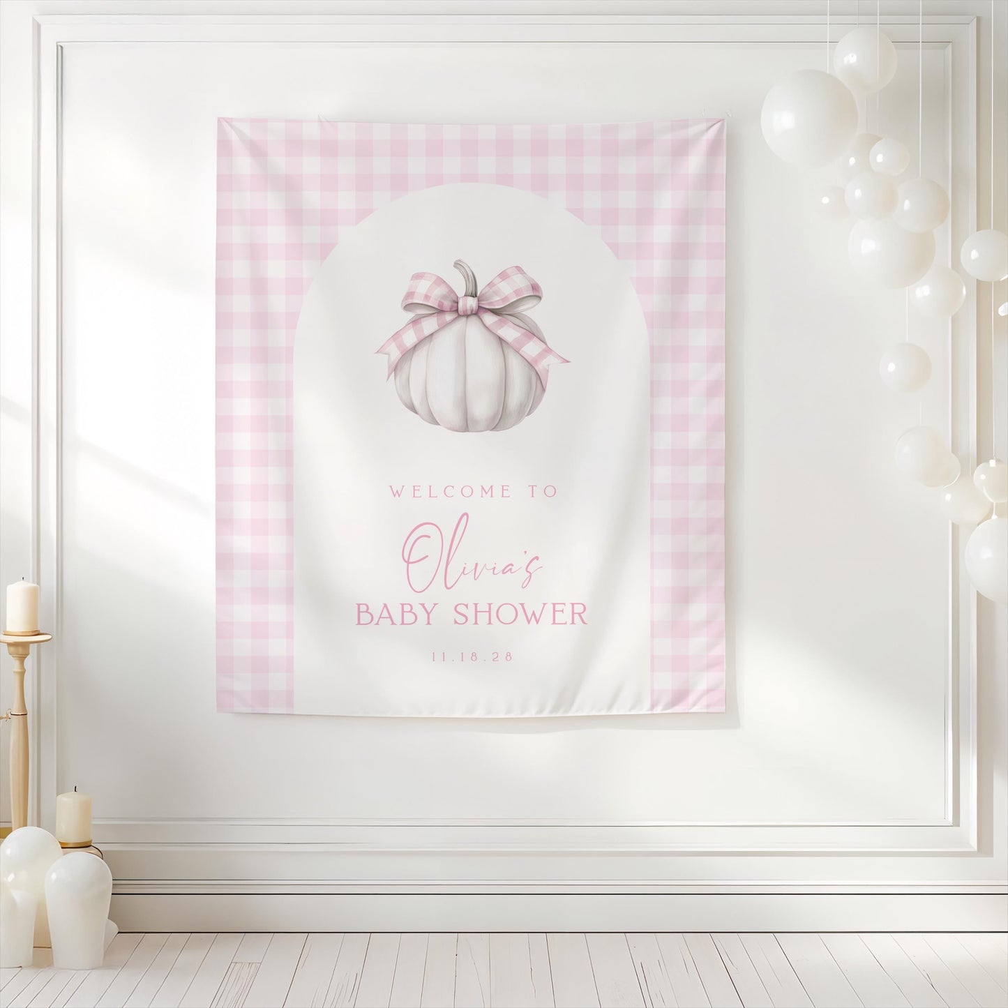 Pink Pumpkin Baby Shower Backdrop | Fall Baby Shower Arch Photo Booth Decoration | Gingham Pumpkin Banner | Personalized Autumn Shower Sign
