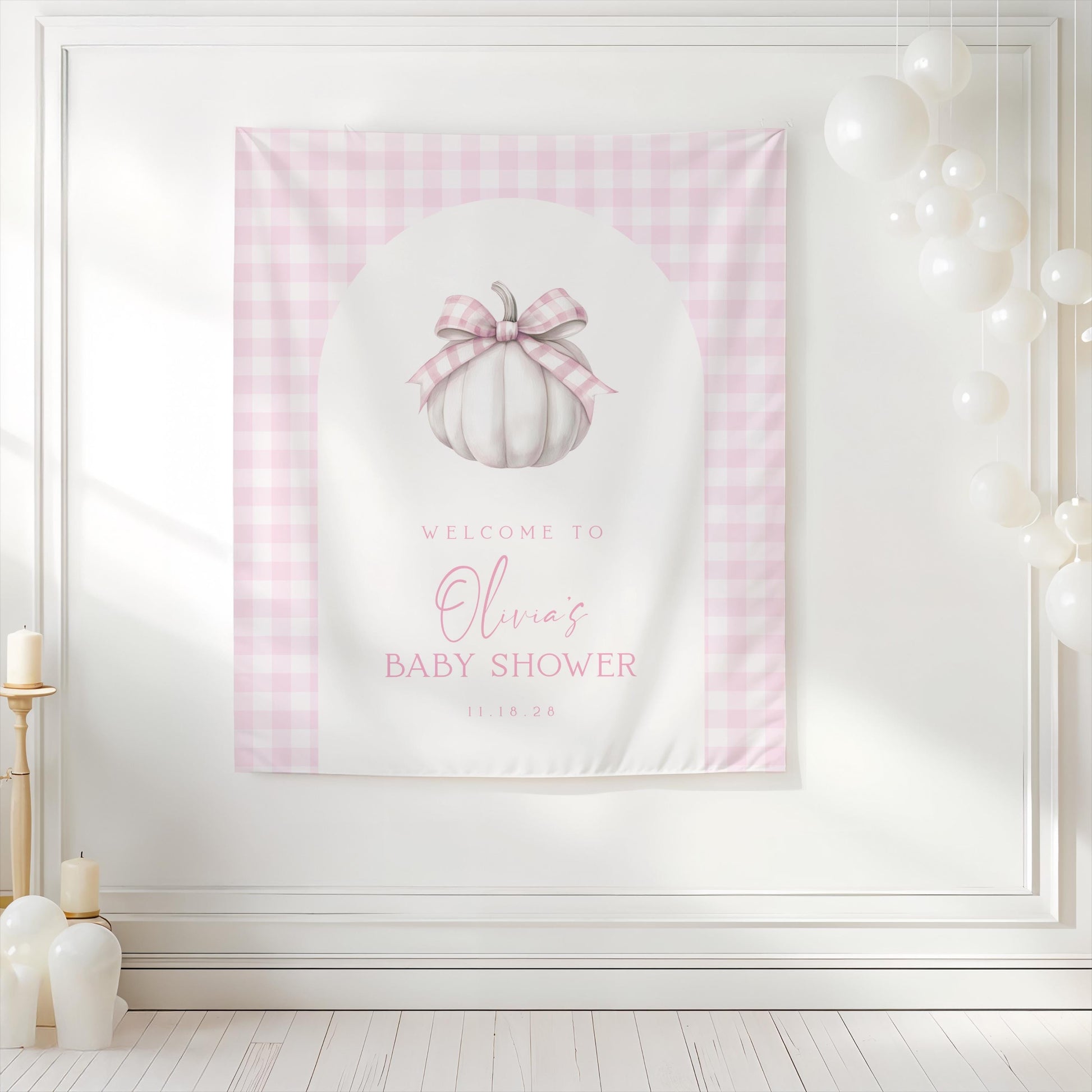 Pink Pumpkin Baby Shower Backdrop | Fall Baby Shower Arch Photo Booth Decoration | Gingham Pumpkin Banner | Personalized Autumn Shower Sign