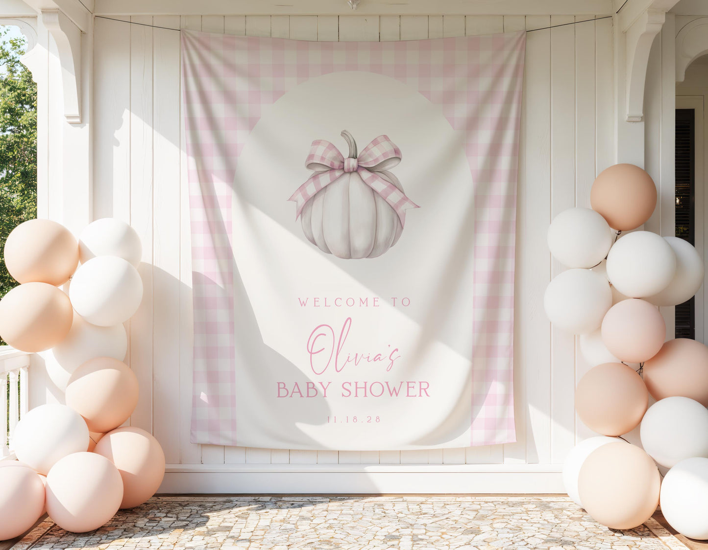Pink Pumpkin Baby Shower Backdrop | Fall Baby Shower Arch Photo Booth Decoration | Gingham Pumpkin Banner | Personalized Autumn Shower Sign