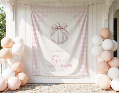 Pink Pumpkin Baby Shower Backdrop | Fall Baby Shower Arch Photo Booth Decoration | Gingham Pumpkin Banner | Personalized Autumn Shower Sign