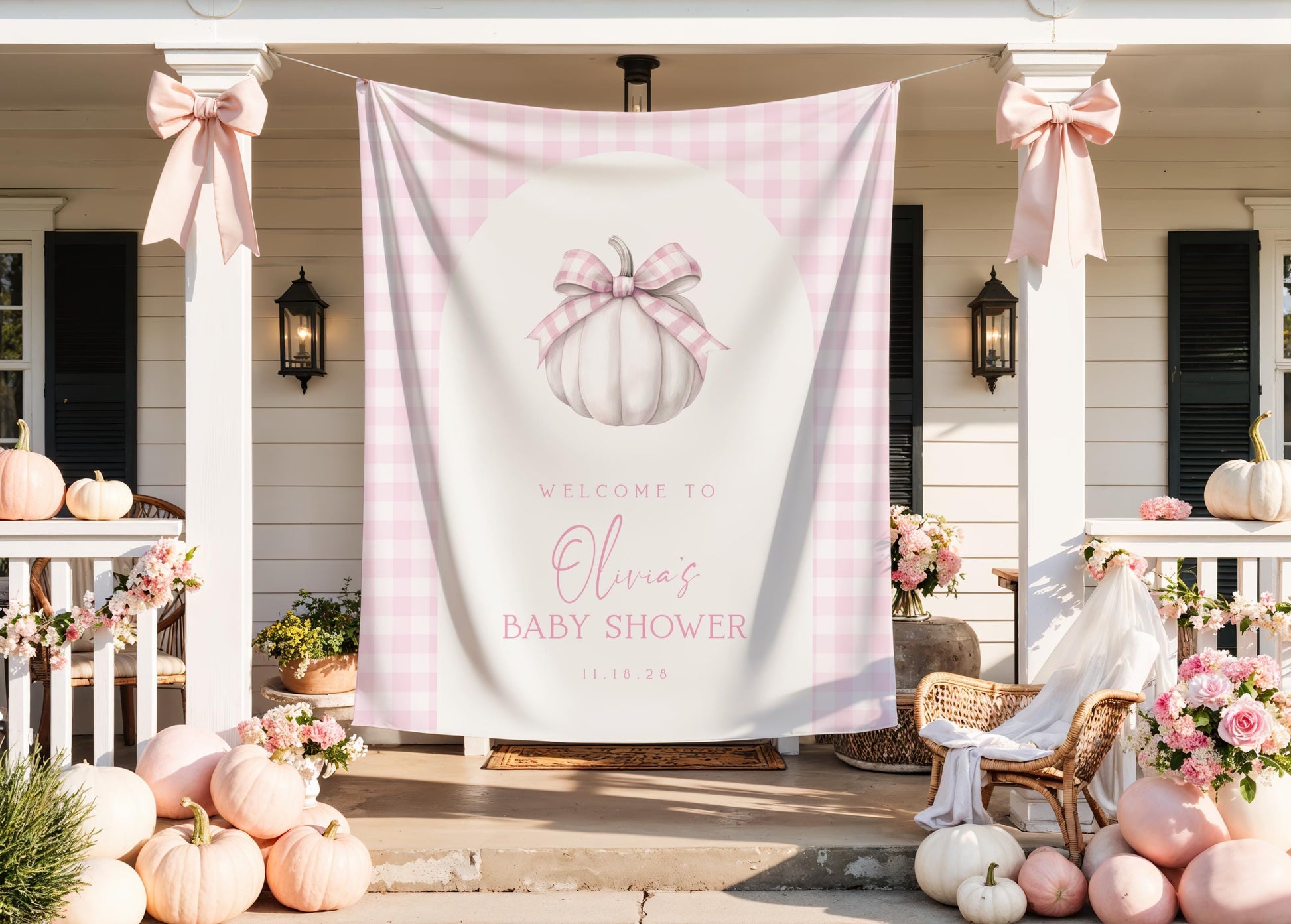 Pink Pumpkin Baby Shower Backdrop | Fall Baby Shower Arch Photo Booth Decoration | Gingham Pumpkin Banner | Personalized Autumn Shower Sign