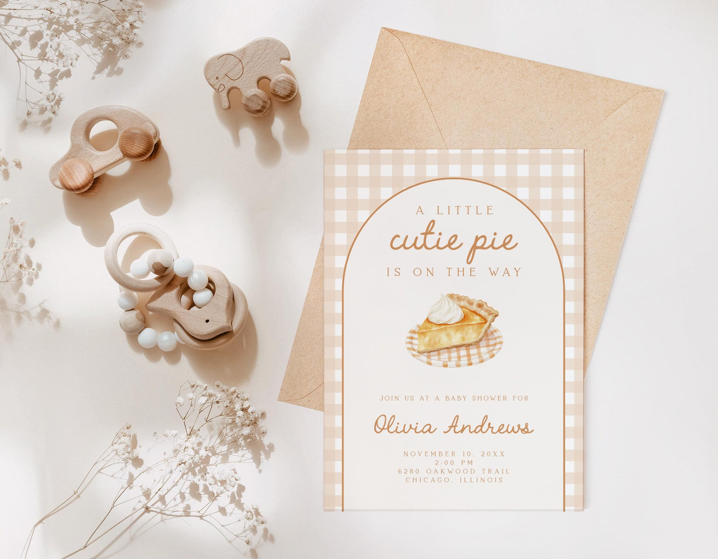 Cutie Pie Pumpkin Baby Shower Invite | Fall Neutral Gingham Arch | Thanksgiving Gender Reveal Template