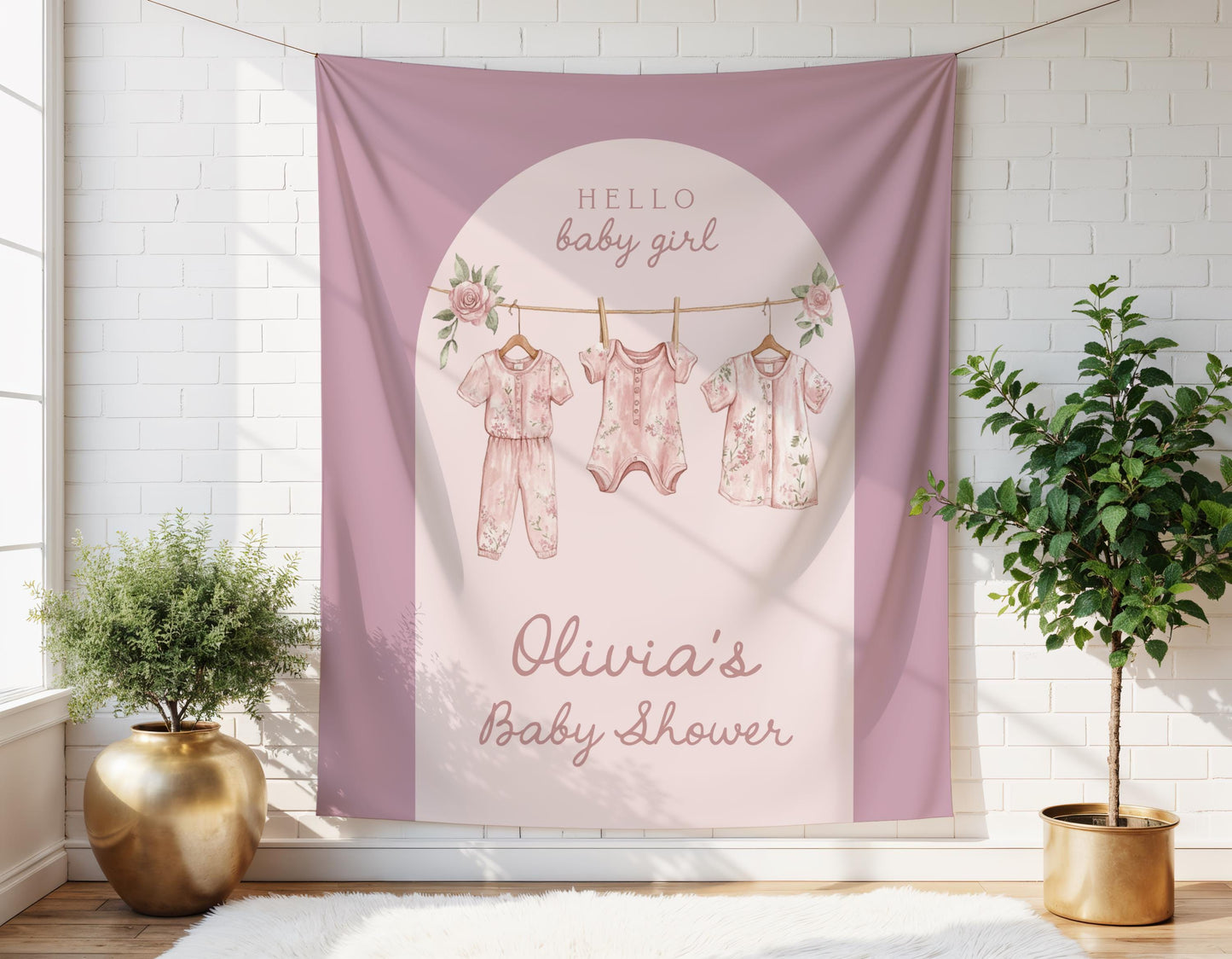 Baby Shower Arch Backdrop | Pink Floral Clothesline Banner | Girl Boho Baby Shower Photo Booth Decoration | Personalized Baby Shower Sign