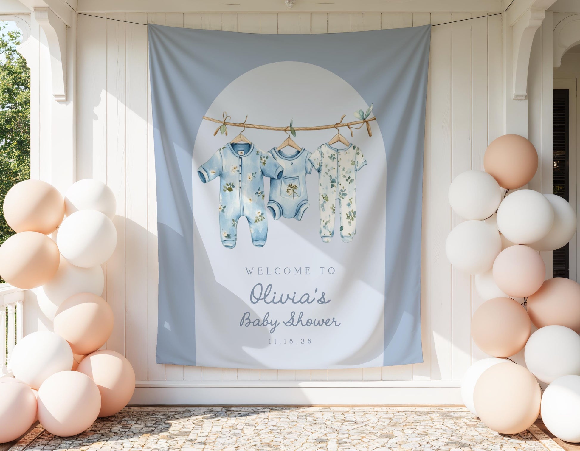 Solid Blue Clothesline Baby Shower Backdrop