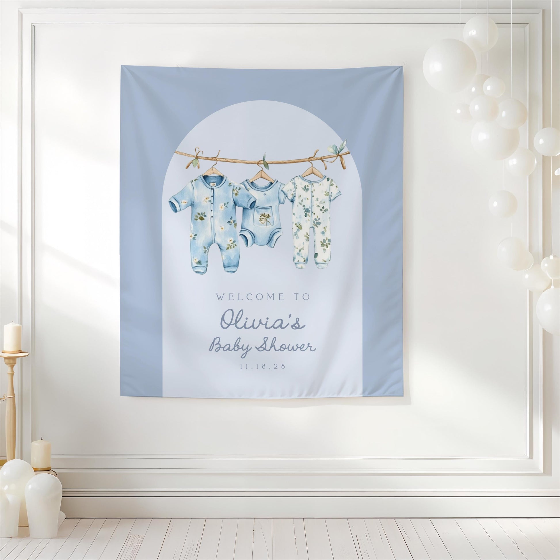 Dusty Blue Clothesline Baby Shower Backdrop | Boho Arch Decoration | Personalized Photo Booth Banner | Boy Floral Baby Clothes Welcome Sign