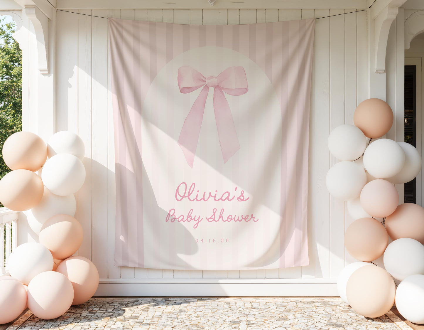 Preppy Pink Bow Baby Shower Backdrop | Pink Striped Arch Banner | Girl 1st Birthday Party Decoration | Personalized Bridal Shower Decoration