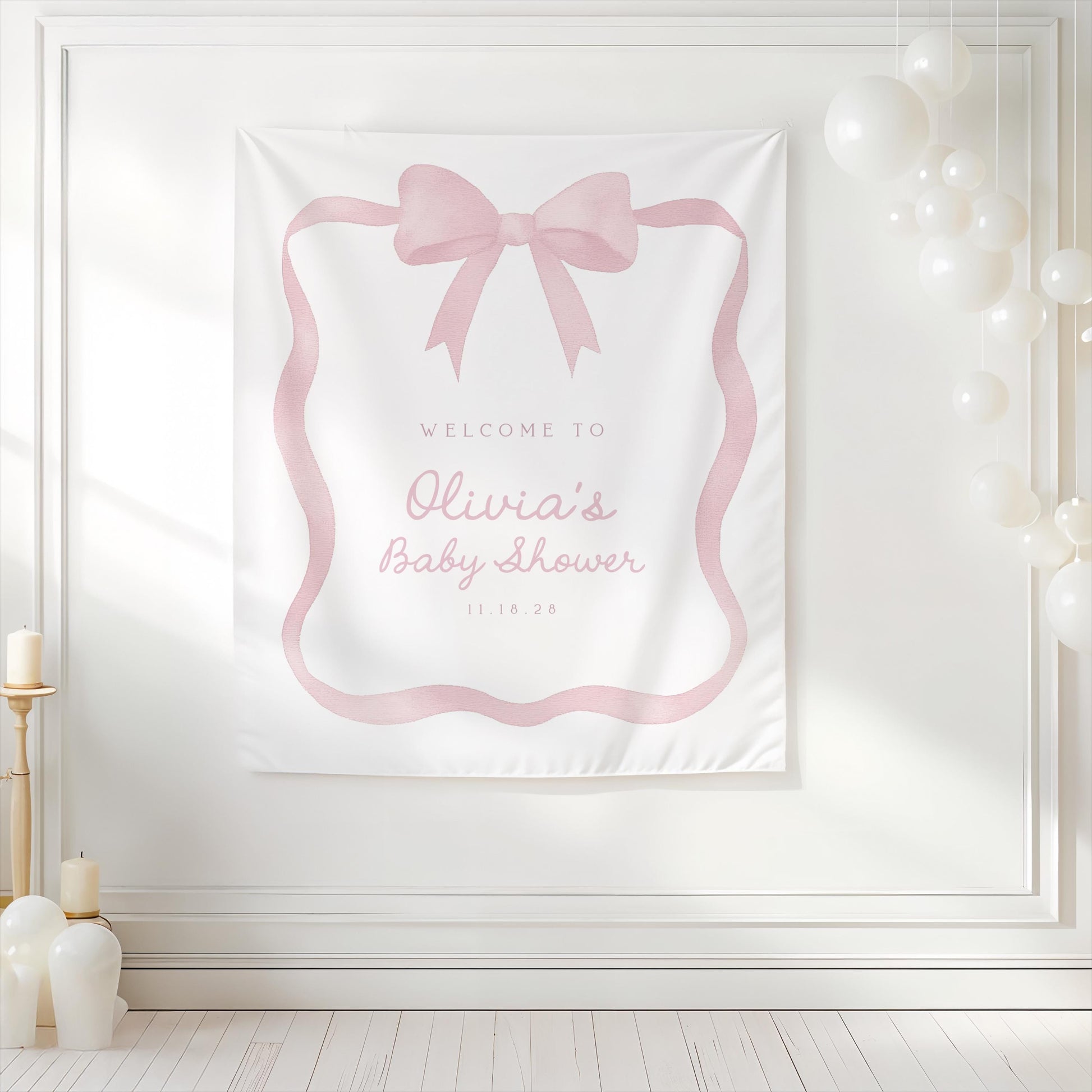 Pink Bow Baby Shower Backdrop | Girl Baby Shower Banner | 1st Birthday Welcome Sign Wall Decor | Photo Booth Backdrop