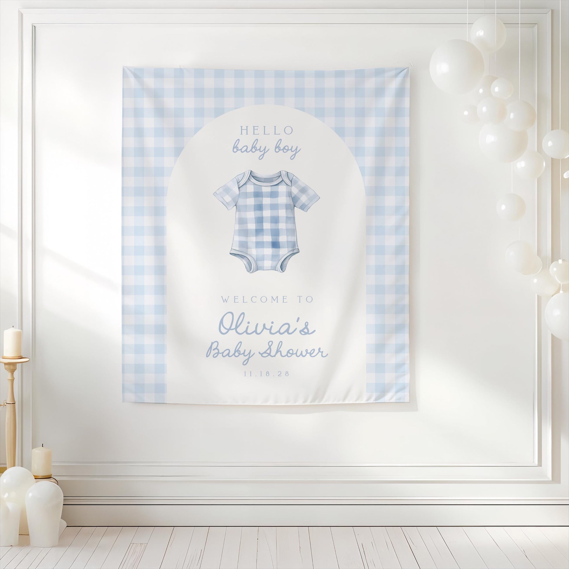 Blue Gingham Baby Shower Backdrop | Preppy Arch Baby Bodysuit Banner | Welcome Sign Decoration | Personalized Hello Baby Boy Sign