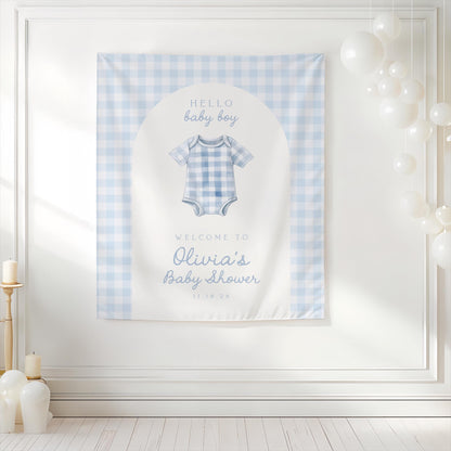 Blue Gingham Baby Shower Backdrop | Preppy Arch Baby Bodysuit Banner | Welcome Sign Decoration | Personalized Hello Baby Boy Sign
