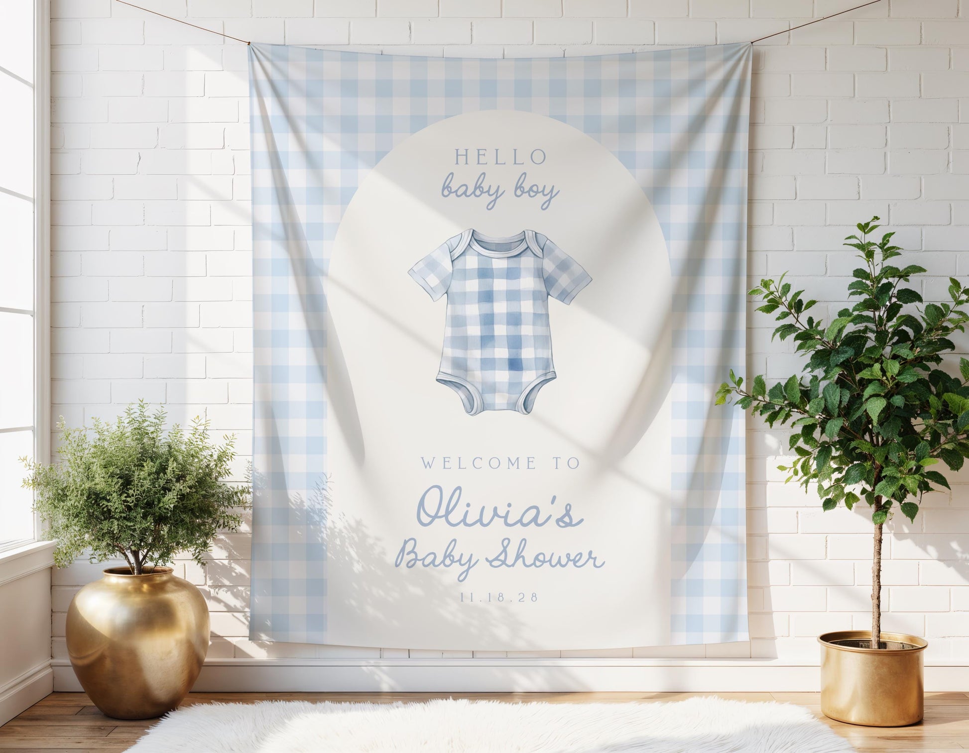 Blue Gingham Baby Shower Backdrop | Preppy Arch Baby Bodysuit Banner | Welcome Sign Decoration | Personalized Hello Baby Boy Sign