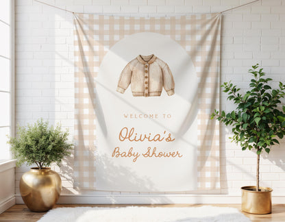 Neutral Beige Baby Shower Backdrop | Baby Cardigan Banner | 1st Birthday Gingham Arch Decoration | Personalized Baby Shower Welcome Sign