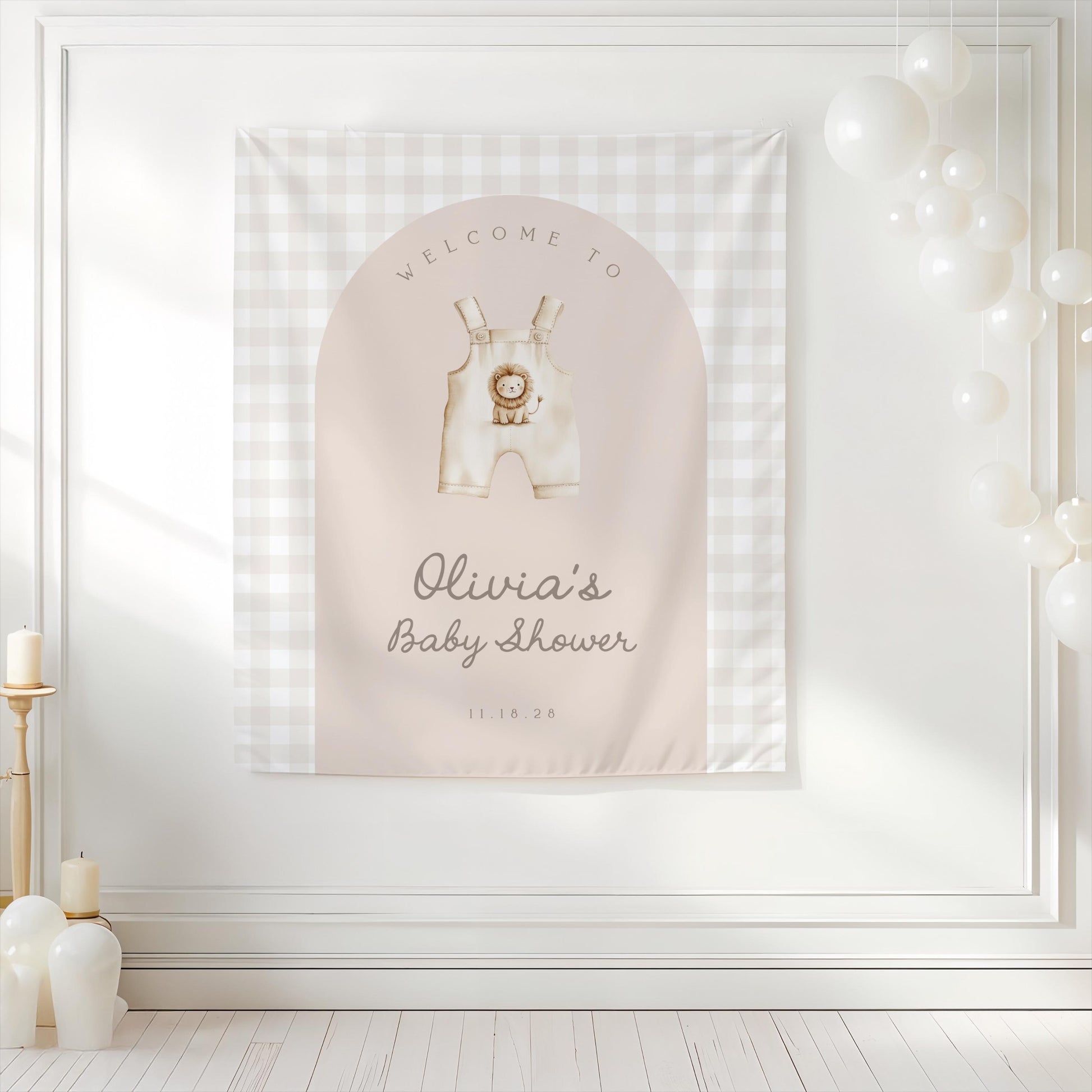 Baby Shower Gingham Backdrop Lion Overalls