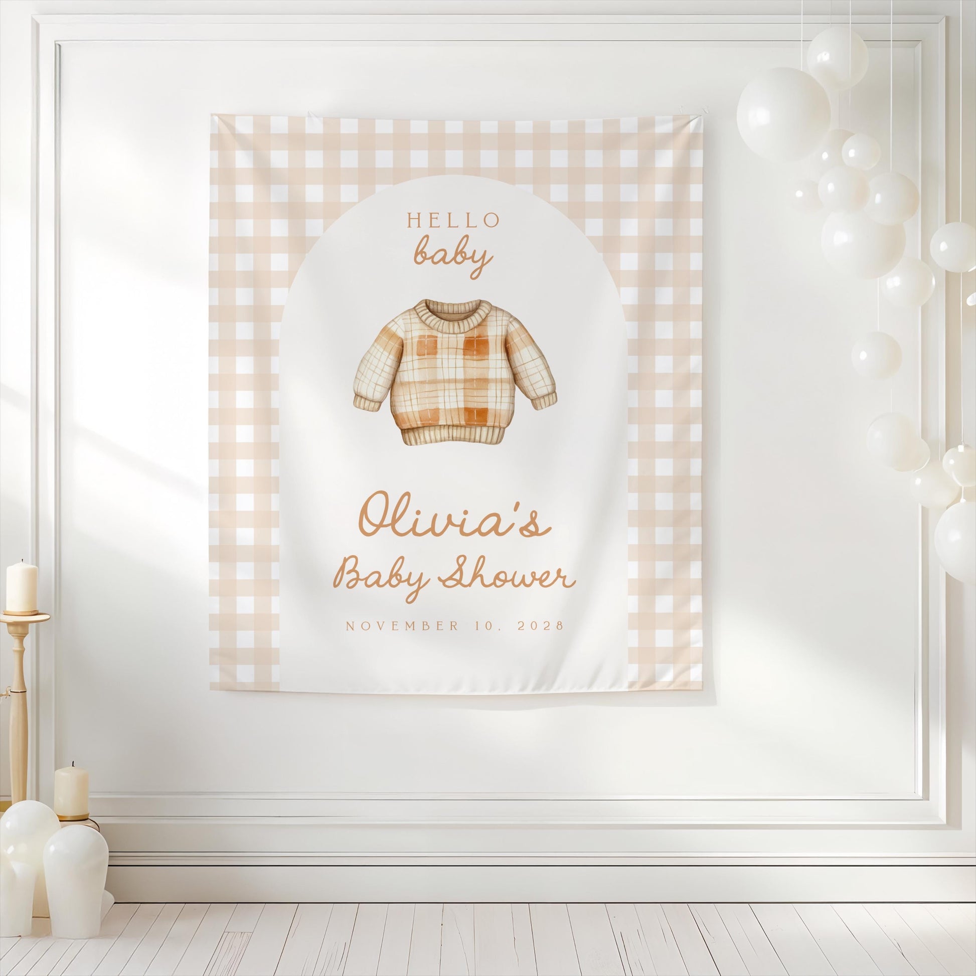 Fall Baby Shower Backdrop | Gingham Baby Sweater Banner | Autumn Arch Decoration | Personalized Hello Baby Welcome Sign