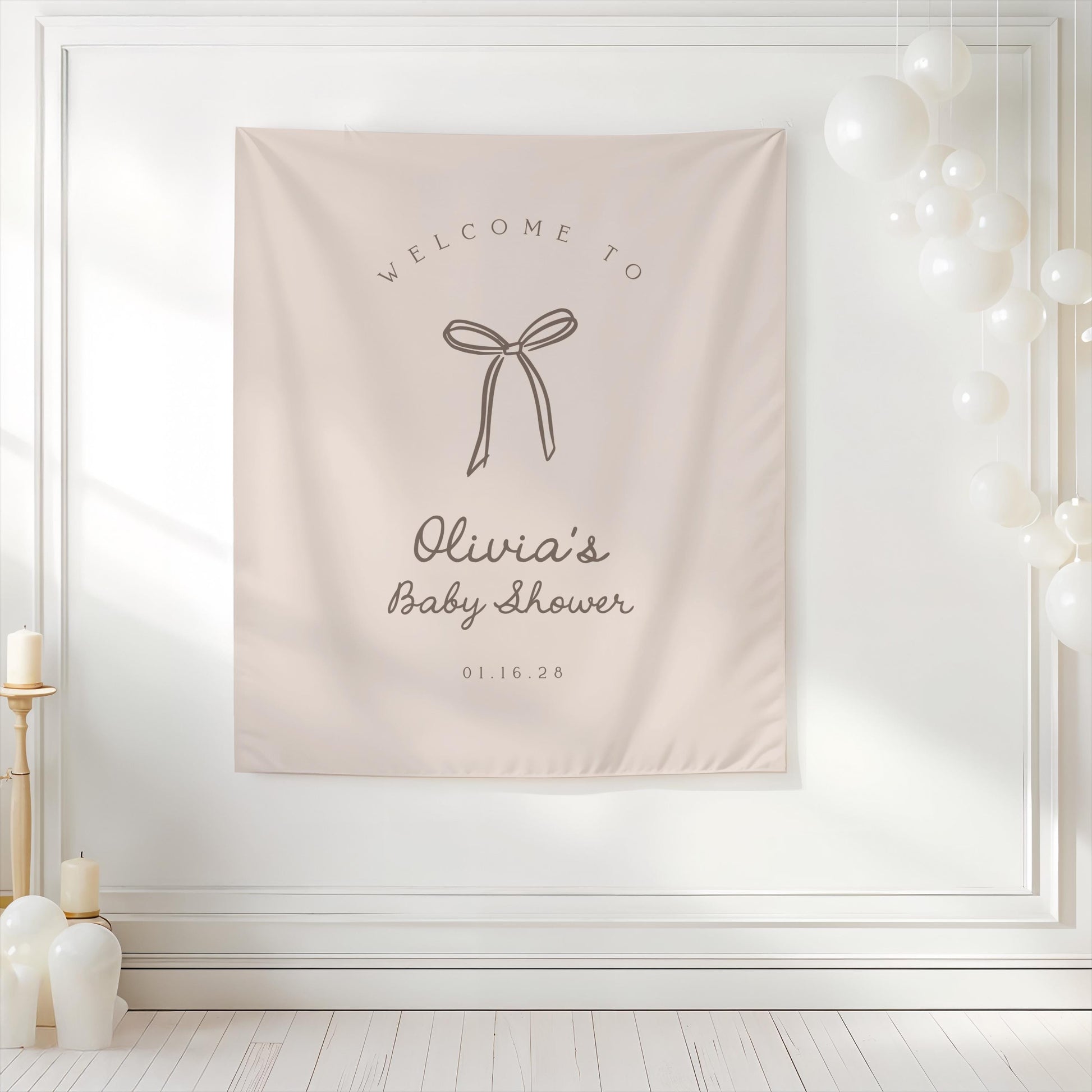 Beige Bow Baby Shower Backdrop | Whimsical Bow Bridal Shower Banner | Neutral Earthy Personalized Welcome Sign